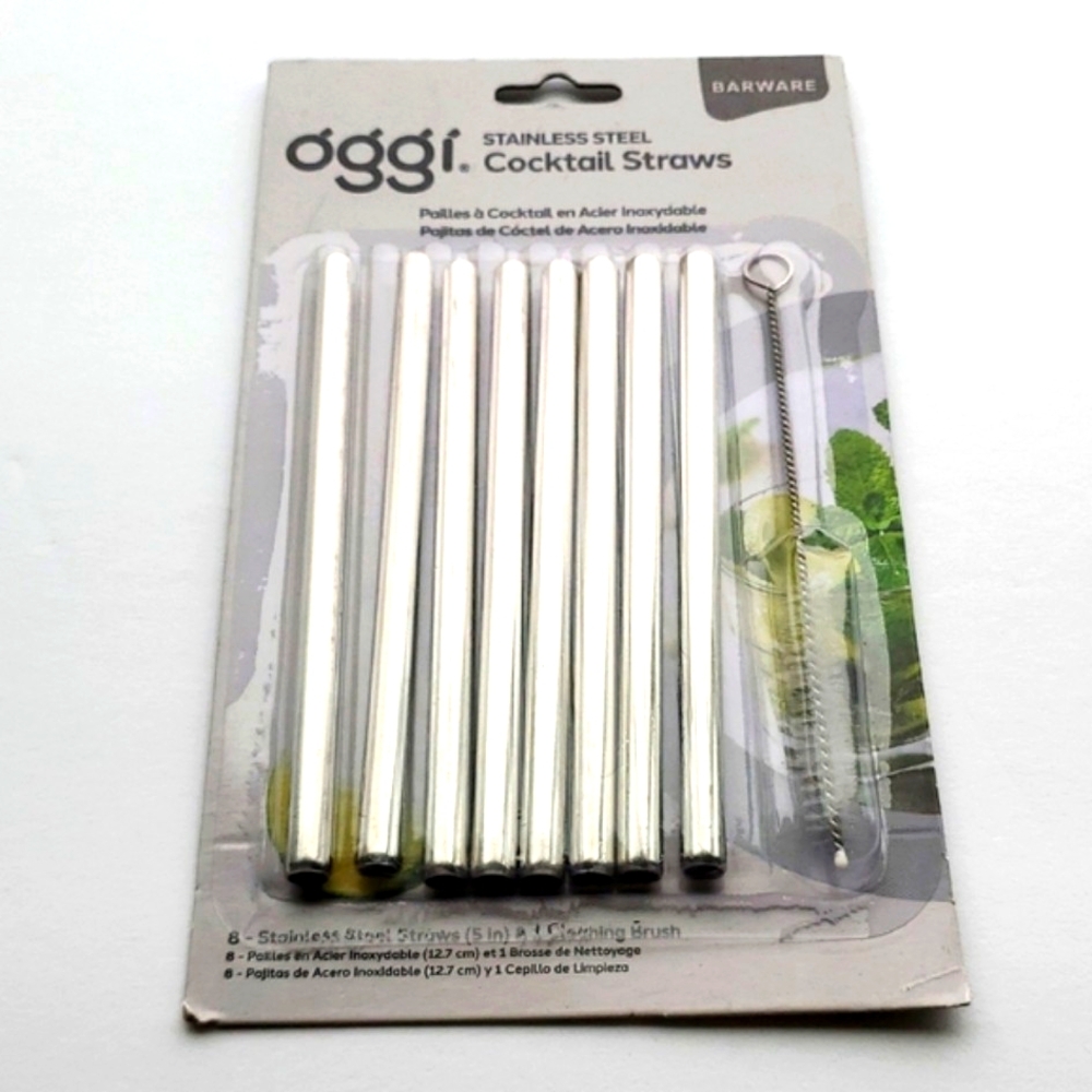 Oggi Set of 8 Stainless Steel Cocktail Straws with Cleaning Brush Reusable